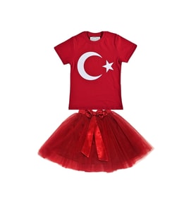Kız Çocuk 23nisan 29ekim Gösteri Kostüm Doğumgünü Kıyafeti Ayyıldız Kısa Kol & Tütü Etek Takım