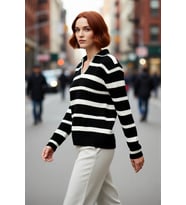 Kadın Çizgili Oversize Polo Yaka Düşük Kol Akrilik Triko Kazak Kışlık Basic Tarzınızı Tamamlar