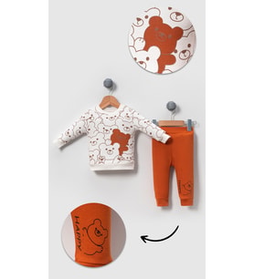 Happy Ayı Görselli Papyonlu Penye 2'li Alt Üst Takım-Tarçın