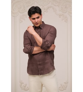Regular Fit Gizli Düğmeli Yaka %100 Linen Ham Keten Gömlek