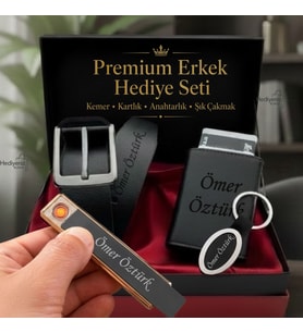 Babaya Arkadaşa Eşe Sevgiliye Hediye İsme Özel Premium Tasarım Erkek Hediye Seti - Mekanizmalı Otomatik Kartlık Cüzdan Kemer Usb Çakmak Anahtarlık