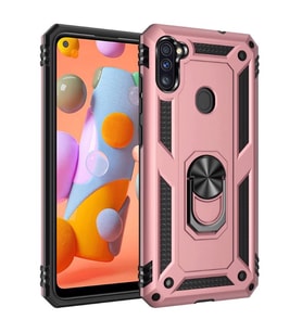 Samsung Galaxy M11 Kılıf Metal For Car Yüzüklü Standlı Military Ring Serisi (Rose)
