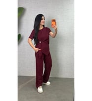 Kadın Kısa Kollu Bisiklet Yaka Yandan Toka Detaylı Viskon Iki Iplik Bluz Ve Pantolon Ikili Takım