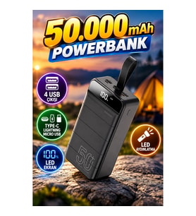 50.000 mAh Yüksek Kapasiteli Powerbank – 4 USB Çıkışı, Type-C, Lightning ve Micro USB, LED Ekran ve