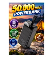 50.000 mAh Yüksek Kapasiteli Powerbank – 4 USB Çıkışı, Type-C, Lightning ve Micro USB, LED Ekran ve