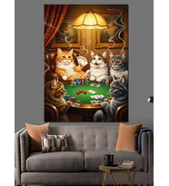 Poker Oynayan Kedi Grubu Dekoratif Kanvas - Mdf Ahşap Tablo
