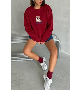 kadın bordo içi pamuklu nakış detaylı sweat NBG035