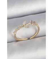 Pirinç Gold Renk Zirkon Taşlı Çiçek Model Ayarlanabilir Kadın Yüzük (Altın)