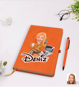 BK Gift Kişiye Özel Kadın Muhasebeci Karikatürlü Turuncu Termo Deri Defter Kalem Seti Model 1