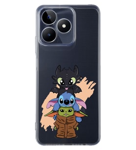 Realme C53 Uyumlu Sevimli Baby Yoda ve Stitch Desenli Şeffaf Telefon Kılıfı