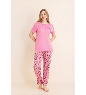 Kadın Pijama Takımı-Menekşe Kumaş-3 Düğmeli-Yaka Baskılı-12606SF ENİSENA (Koyu Pembe)