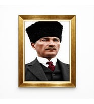 Tablore Atatürk Mavi Gözlü Portre Renkli Kanvas Tablo Altın Çerçeveli