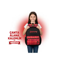 GALATASARAY LİSANSLI EKOSE KIRMIZI OKUL ÇANTASI YANINDA KALEMLİK HEDİYELİ
