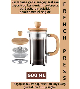 Premium Isıya Dayanıklı Kahve Demleme Bitki Çayı Ahşap Kapak Sap Detaylı Cam French Press 600 ML