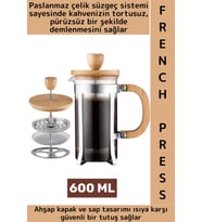 Premium Isıya Dayanıklı Kahve Demleme Bitki Çayı Ahşap Kapak Sap Detaylı Cam French Press 600 ML