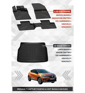 Sahler Renault Captur 2020+ Uyumlu 4.5D Premium Havuzlu Paspas ve Liner Marka 3D ÜST Bagaj Havuzu
