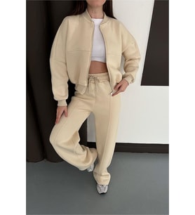 Neşeli butik kadın bej fermuarlı 3 iplik eşofman takımı NBESF01