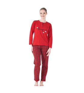 Estiva Ekose Desen Patlı Düğmeli Kareli Bayan Pijama Takım (Kırmızı)