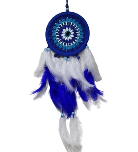 Nazar Boncuğu Desenli Bol Kuş Tüylü Lacivert Dream Catcher El Yapımı Duvar Dekor (Lacivert-Beyaz)