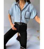 Kadın Mavi Çoban Dikişli Keten Gömlek Modeli