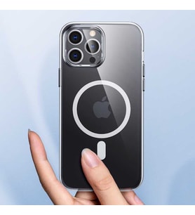Apple iPhone 12 Pro Max Kılıf Şeffaf Sert PC Wireless Desteği Alüminyum Alaşım Buton Tasarım (Renksiz)