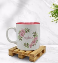 BK Gift Kişiye Özel Çiçek Tasarımlı İçi Kırmızı Renkli Kupa Bardak Model 17