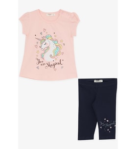 Breeze Kız Çocuk Kapri Taytlı Takım Unicorn Baskılı 1.5-5 Yaş, Somon