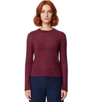 Kadın Uzun Kollu Bordo Triko Görünümlü Bluz Fitted Kalıp Bisiklet Yaka Örme Kumaş Cool Ve Comfort