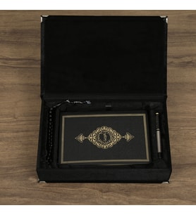 Kişiye Özel Kalem, Tesbih ve Kitap İçerikli Kadife Kutulu Hediyelik Set-Siyah