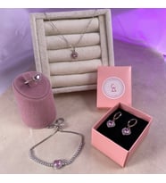 Gümüş Kalp Temalı Kolye Yüzük Bileklik Küpe Set , Özel Tasarım Pembe Kalp İşlemeli Gümüş Set