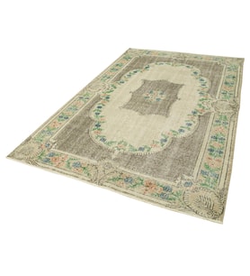 Bej Halı Vintage Eskitme Görünümlü Çiçek Desenli El Dokuma Salon Halısı Krem Detaylı
