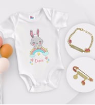 BK Kids Kişiye Özel İsimli Beyaz Bebek Body Zıbın Kız Bebek Künyesi ve İğnesi Hediye Seti-16