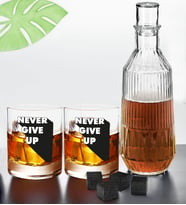 BK Gift DTF Motto Tasarımlı İkili Viski Kadehi, Viski Taşı ve Karaf Seti-3, Arkadaşa Hediye, Sevgiliye Hediye