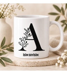 Kişiye Özel Baş Harf ve İsim Yazılı A Harfli Botanik Seramik Kupa Bardak