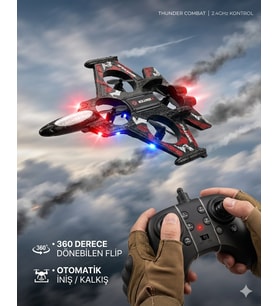 Uzaktan Kumandalı Uçak Dron Thunder Combat Kırmızı 2.4Ghz 360 Derece Dönebilen LED Işıklı Otomatik İniş Kalkış Özellikli Kırmızı