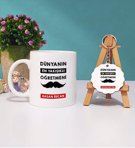 Dünyanın En Yakışıklı Öğretmeni Kupa Bardak ve Anahtarlık (Beyaz)