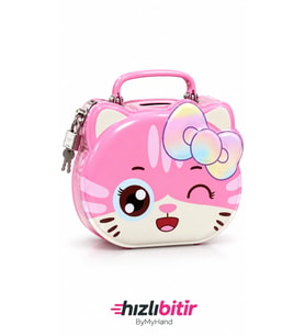 ByMyHand Metal Pembe Kilitli Kedi Temalı Kulplu Kumbara 12 x 15Cm Model2