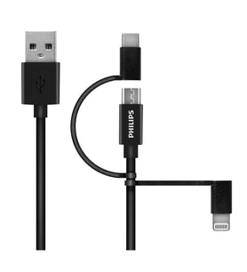 Philips MFI Apple Lisanslı 70W 3in1 Micro Usb-Lightining-Type-C Hızlı Şarj ve Data Kablosu 2m Siyah DLC3106T