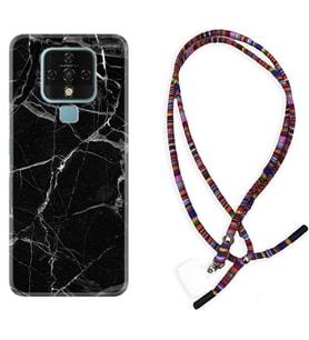 Tecno Camon 16 18P Pova Kılıf Boyun Asklı Rasta Silikon Fragile Black Mermer 1378