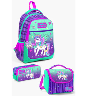 Coral High Kids Mor Su Yeşili Unicorn Desenli 3’lü Okul Çanta Seti SET0123487