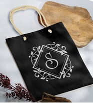 BK Gift Kişiye Özel Harfli Siyah Halat Saplı Kumaş Bez Çanta-2, Baskılı Omuz Çantası, Alışveriş Çantası