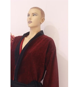 Kadife Kimono İplik Boyalı Unisex Kadın / Erkek %100 Pamuk Bornoz Kırmızı - Siyah-XL/XXL