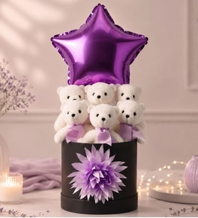 Lüks Mor Yıldız Balonlu 6'lı Peluş Ayıcık Hediye Kutusu Sevgiliye, Kıza Romantik Hediye