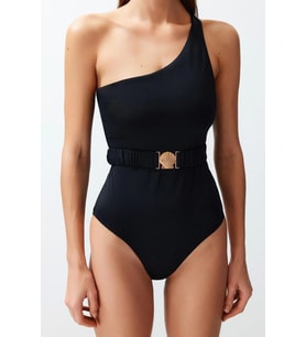 Kadın Moda Atma Kap Askılı Brief Yaka Mavi Kemerli Tek Omuz Premium Aksesuarlı Regular Mayo