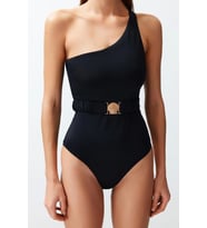 Kadın Moda Atma Kap Askılı Brief Yaka Mavi Kemerli Tek Omuz Premium Aksesuarlı Regular Mayo