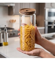 Akasya Kapaklı Yuvarlak Borosilikat Cam Kavanoz 1250 ml, 9 × 25 cm, Orta Delikli Ahşap Kapak, Şeffaf Makarna Bakliyat Kahve Çay ve Kuru Gıda Saklama Kabı, 1 Adet