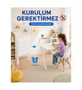 Metal Ayaklı Laptop Masası Katlanır Çalışma Masası Raflı Masa Katlanır Laptop Sehpası Dobo Beyaz Beyaz