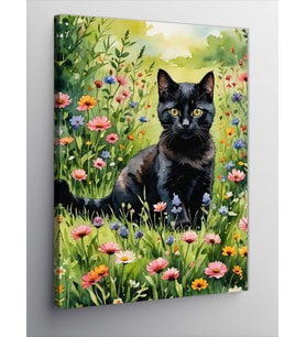 Kanvas Tablo Siyah Kedi Ve Çiçekler