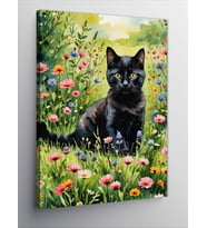 Kanvas Tablo Siyah Kedi Ve Çiçekler