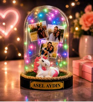 Kişiye Özel 3 Fotoğraflı Renkli LED Işıklı Unicornlu Fanus Anlamlı Fotoğraflı ve Yazılı Hediye